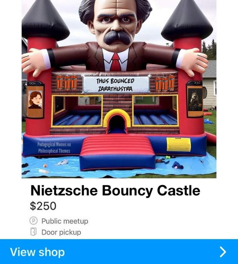 This is what happens when you get too deep into philosophy, you start selling bouncy castles of Nietzsche.