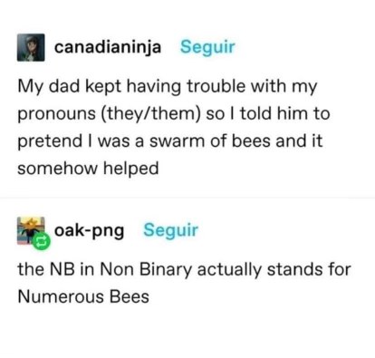 My dad has trouble with my they/them pronouns so I told him to think of me as a swarm of bees and it worked lol