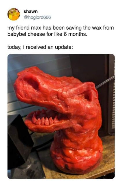 My friend saved wax from Babybel cheese for 6 months and made this T-Rex head. The dedication is real