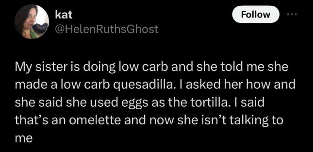 My sister tried to make a low carb quesadilla with eggs for tortillas and I told her it's just an omelette, now she's mad lol