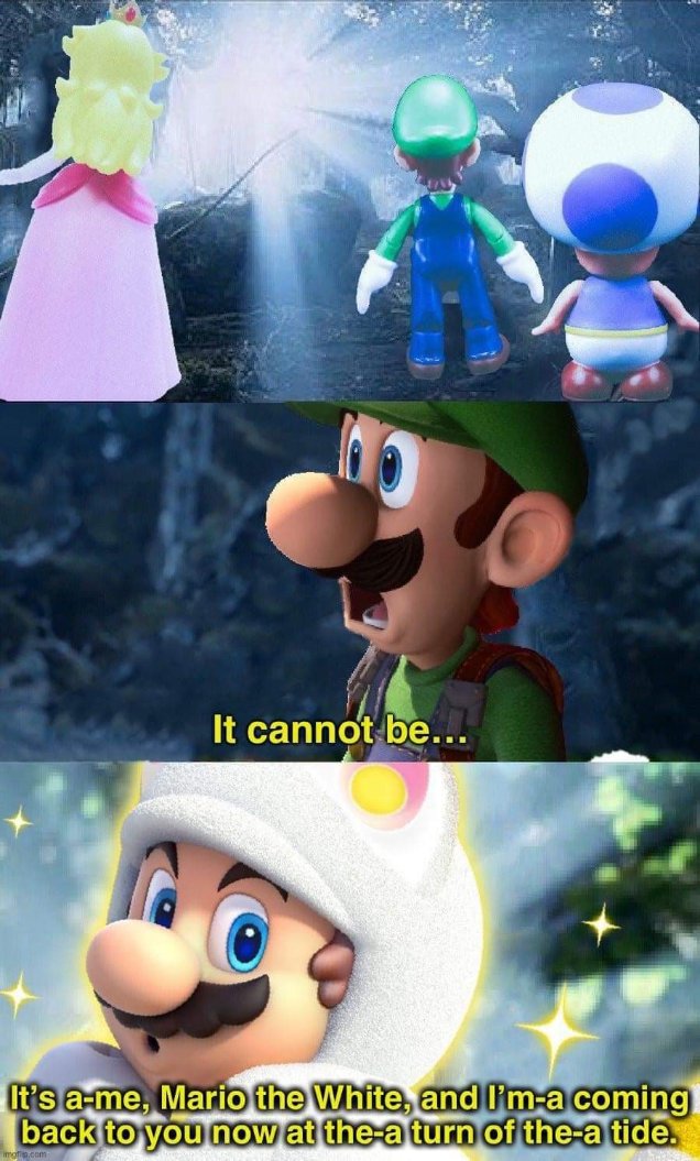 Luigi and Toad are SHOOK when Mario shows up with his ghost costume and speaks in a British accent.