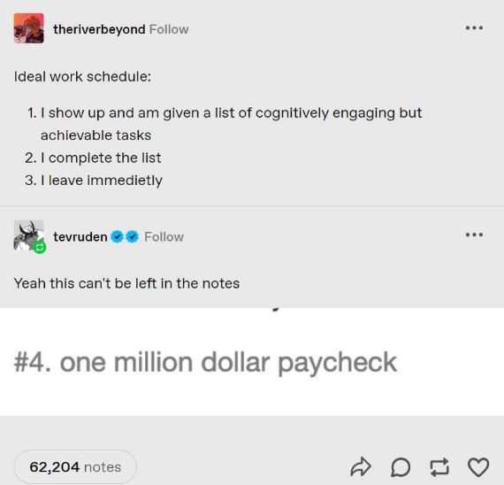 My ideal work schedule also includes a million dollar paycheck, obviously.