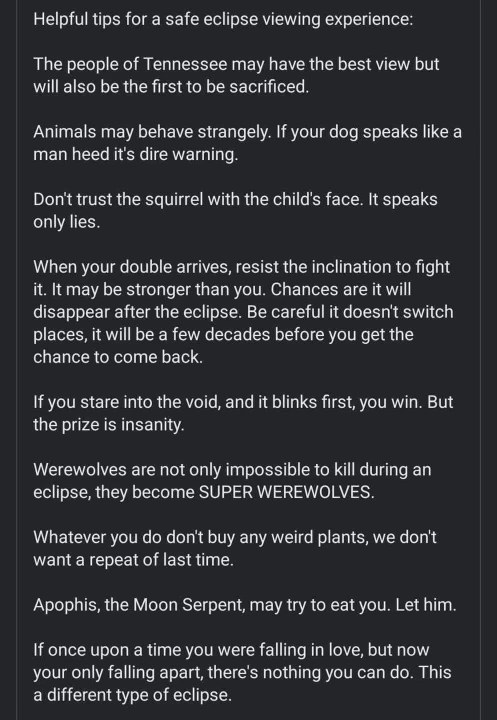 Lol, this list of eclipse tips is wild - apparently, Tennessee gets sacrificed and werewolves become SUPER.