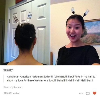 When you love American food so much you put forks in your hair to show it off