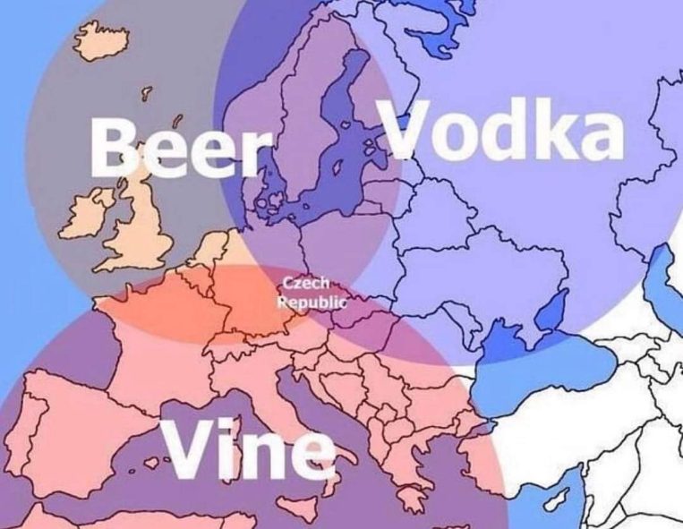 Map of Europe showing where you'll find the best beer, vodka, and wine. Czech Republic is in the middle.