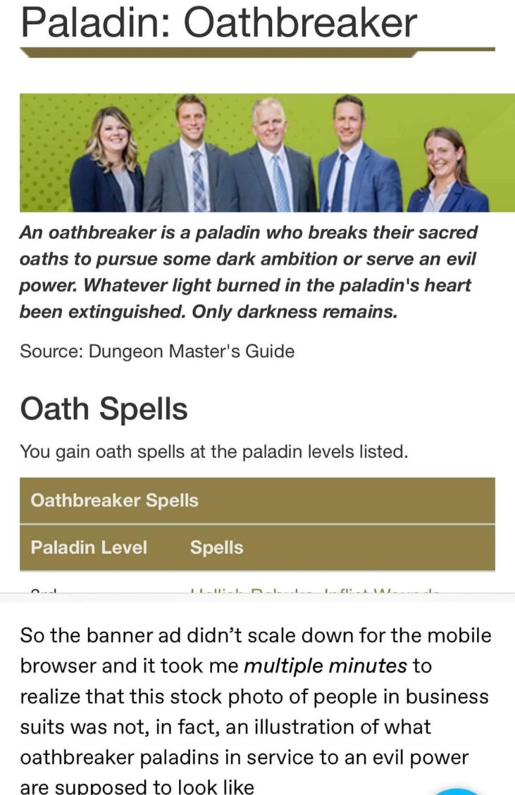 me thinking people in suits are oathbreaker paladins. turns out it was just a badly scaled ad lol