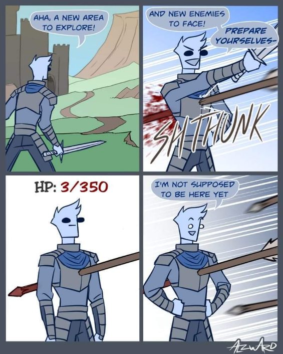 When you wander into a high-level area way too early in the game
