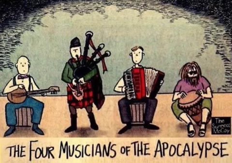 When the apocalypse lineup features a bagpiper, accordionist, and a dude with a djembe. What's the guitarist doing there?