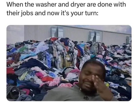 Me looking at the mountain of laundry after the machines did all the work.