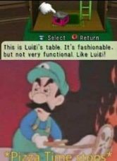 Luigi making pizza and calling his table fashionable but not functional, just like him.