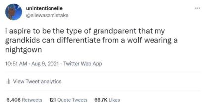 This is my goal for being a grandparent: my grandkids gotta be able to tell me apart from Little Red Riding Hood's grandma.