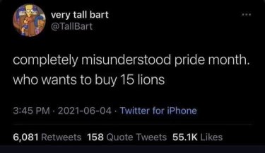 I love how this person completely misunderstood pride month and is now selling 15 lions.