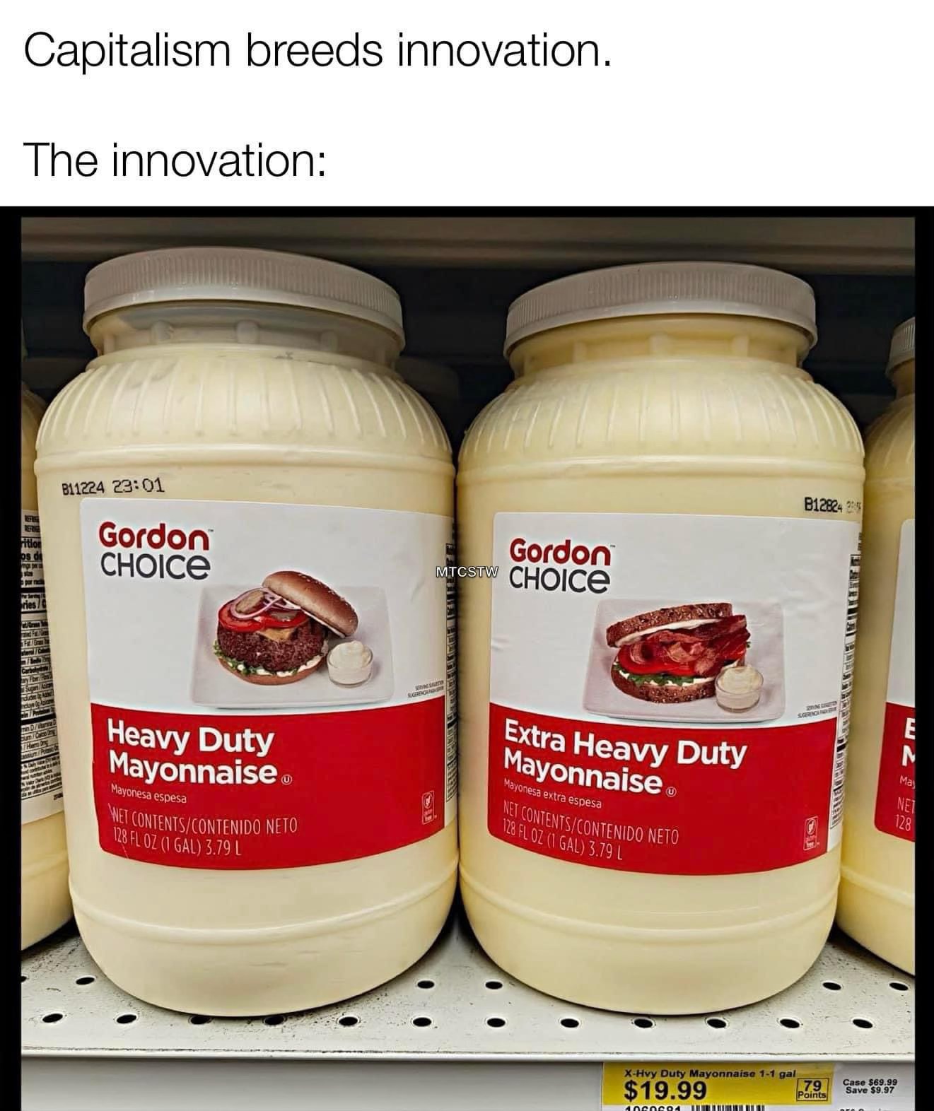 When capitalism is supposed to bring innovation but you just get mayonnaise for burgers and mayonnaise for sandwiches