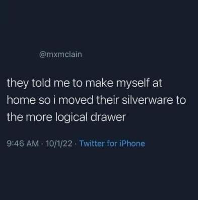 They told me to make myself at home so I put their silverware in the drawer that actually makes sense.