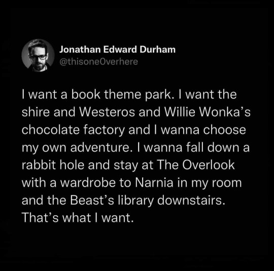 This person's ideal theme park has the craziest mashup of literary worlds, from hobbits and dragons to scary hotels and talking animals.