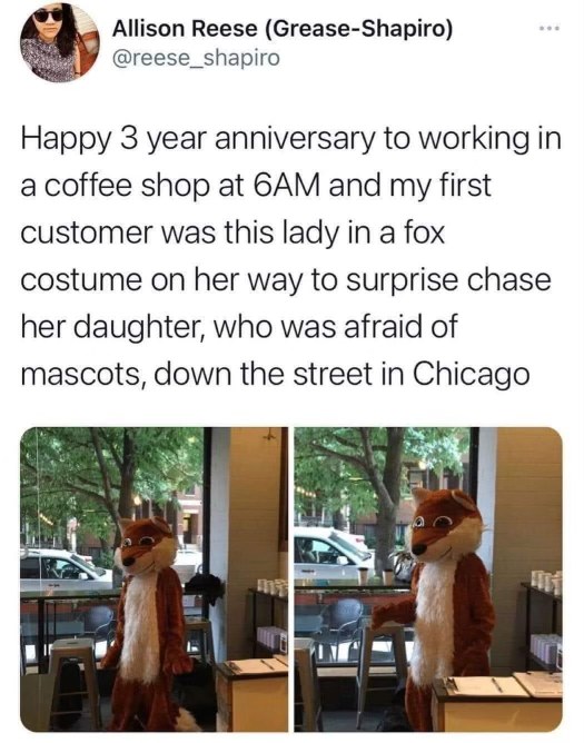 This lady in a fox costume came into a coffee shop at 6 AM to surprise her daughter who is afraid of mascots. Peak chaotic energy.