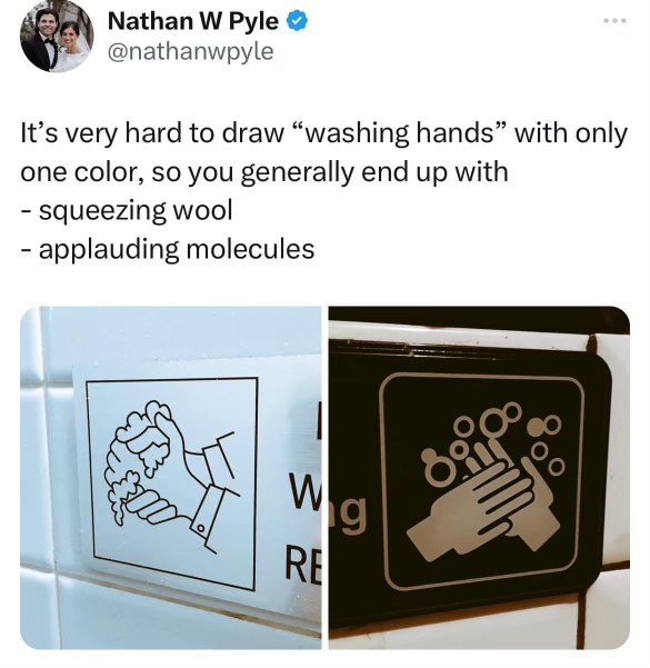 When the artist running out of ideas draws hands washing as 'squeezing wool' or 'applauding molecules'