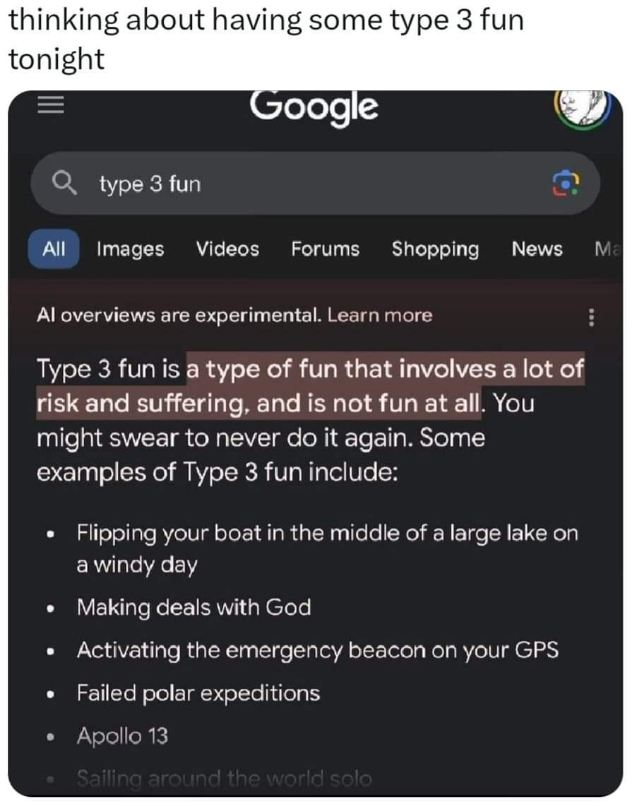 Me looking up 'type 3 fun' after deciding to go on an adventure that's definitely not fun and is high risk
