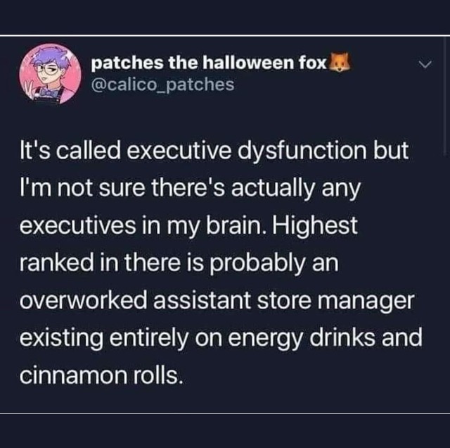 This tweet perfectly describes my brain - just an overworked assistant manager running on caffeine and pastries.