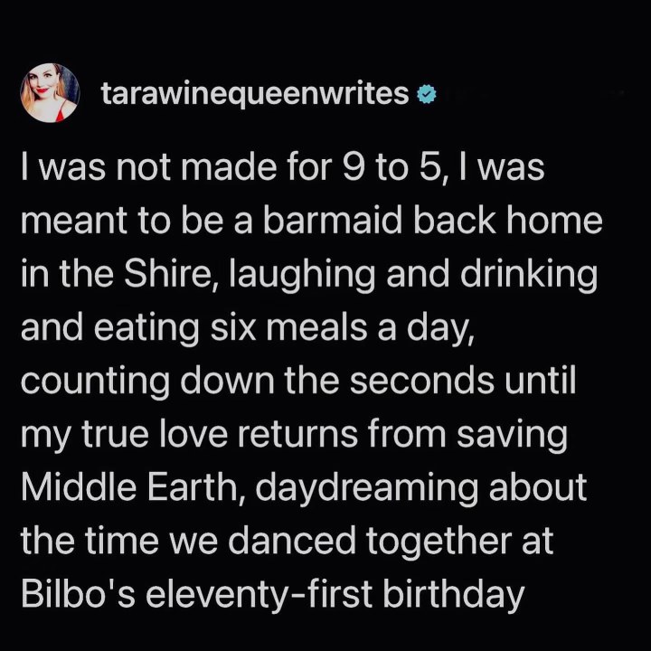 Literally me but instead of the Shire, I wish I was just on vacation and instead of saving Middle Earth, my true love was just bringing me snacks.