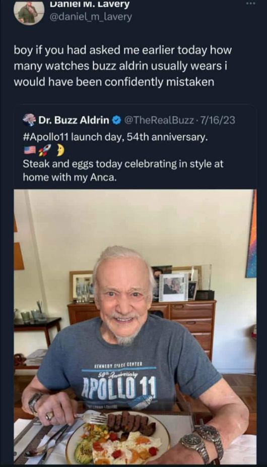 Buzz Aldrin celebrating the Apollo 11 anniversary with steak and eggs and a very questionable sartorial choice... he's wearing THREE watches.