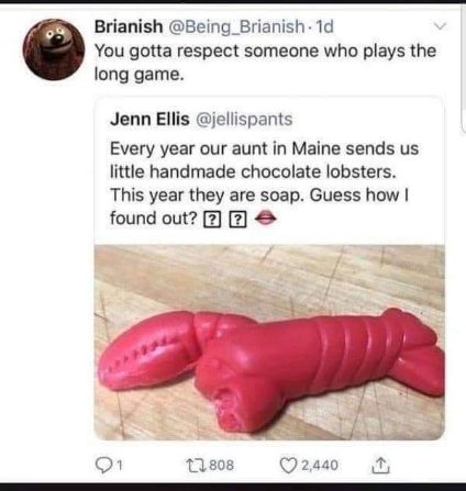When your aunt who makes chocolate lobsters decides to make them out of soap instead, and you find out the hard way.